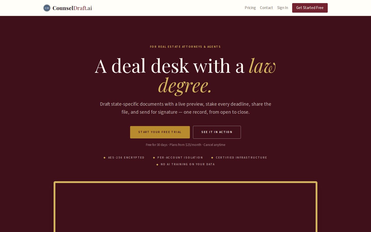 CounselDraft.ai homepage — the deal desk hero