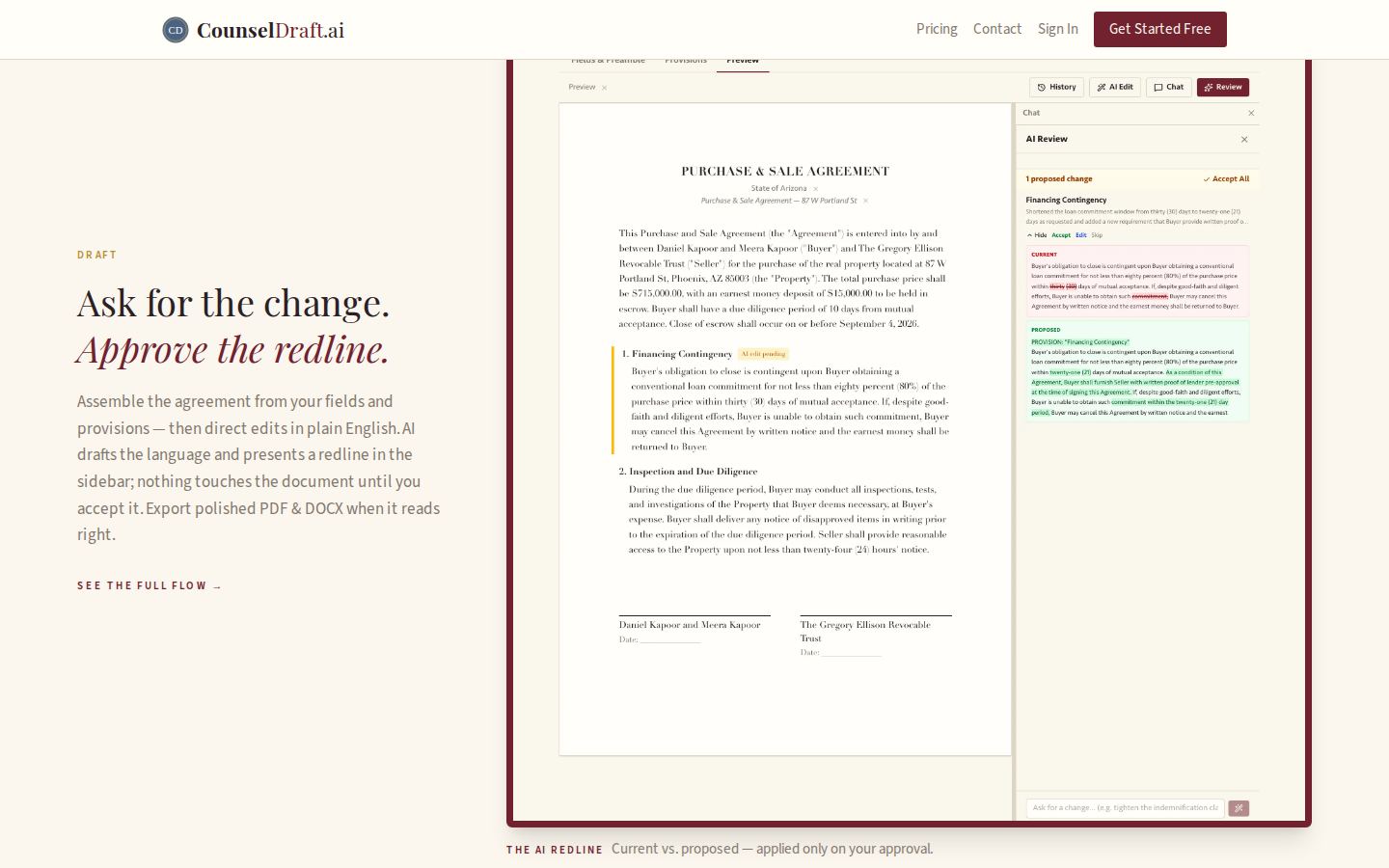CounselDraft.ai — approving an AI-drafted redline